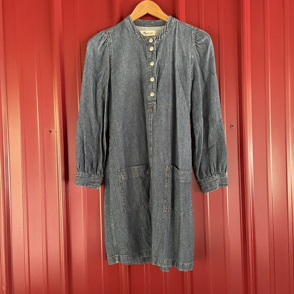 Madewell Dress‎ Blue Denim Patch Pocket Long Sleeve Popover Sz S Preppy Western